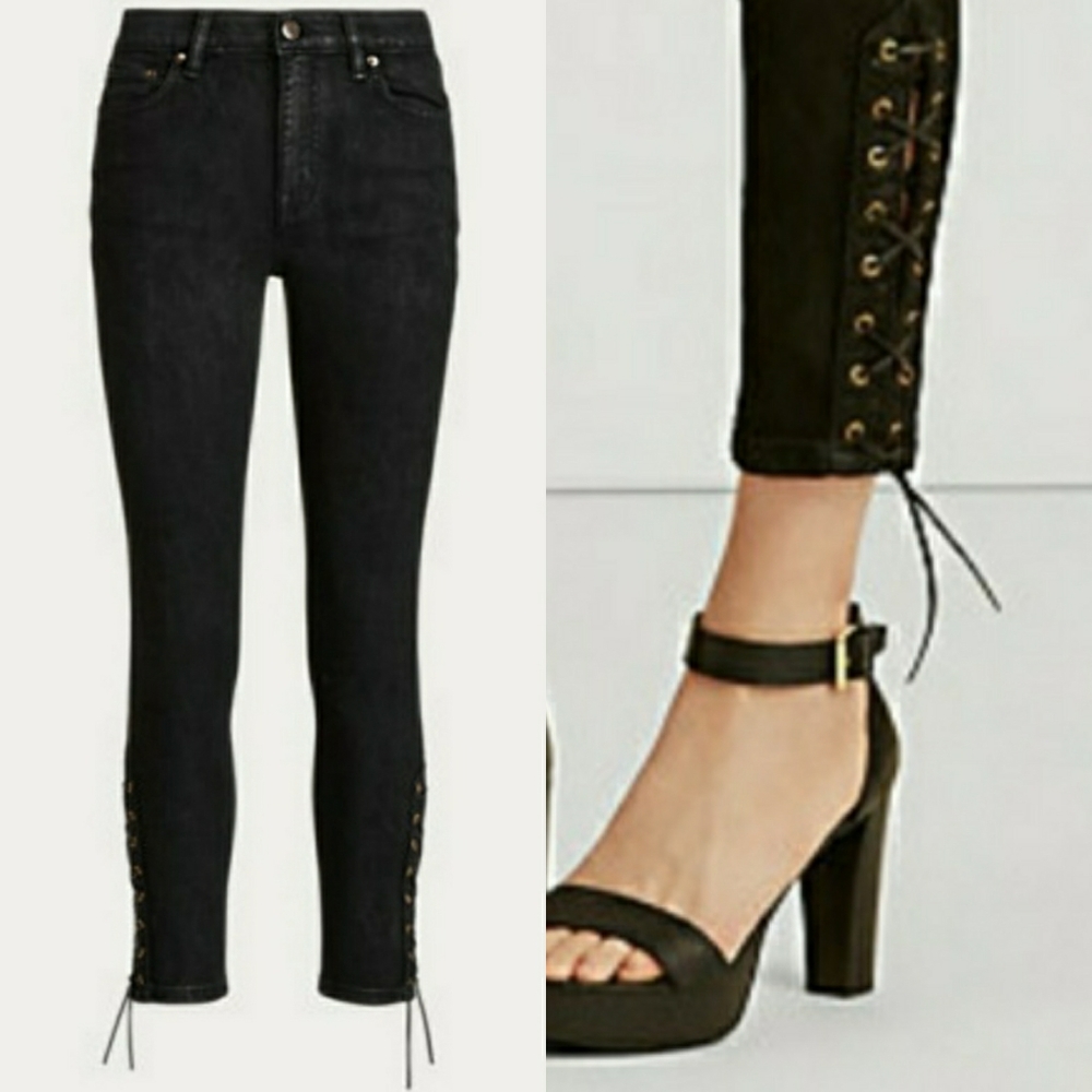 NWT Lauren Ralph Lauren Black Label High-Rise Skinny Lace-Up Ankle Jeans Size 14